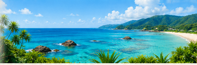 奄美大島の青い海と山並み